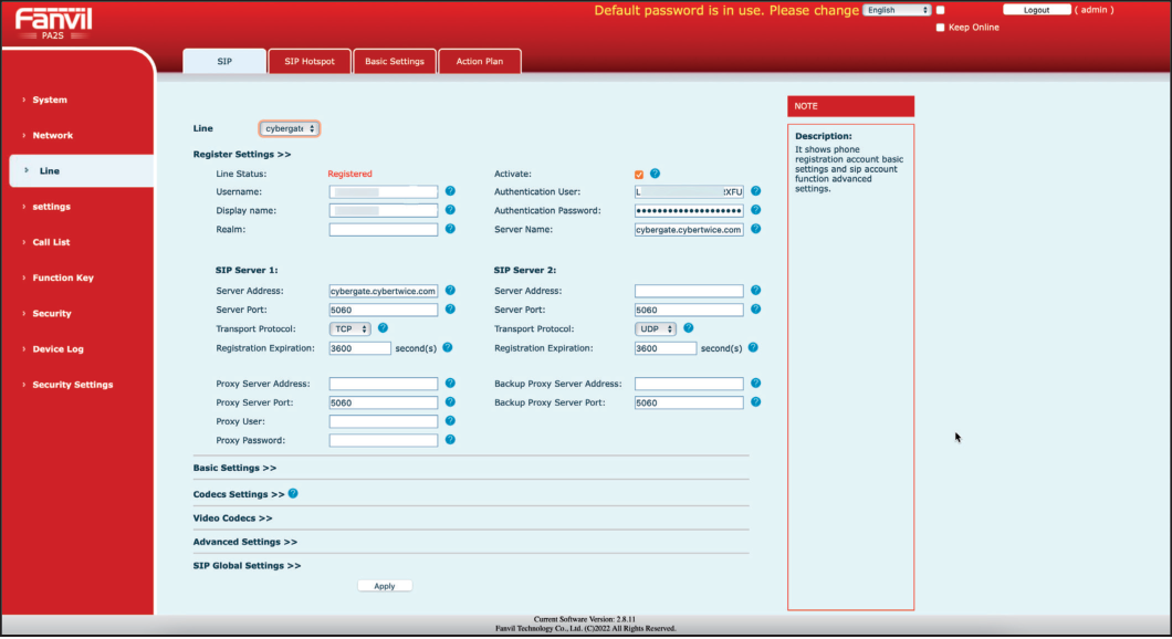 Fanvil SIP Configuration