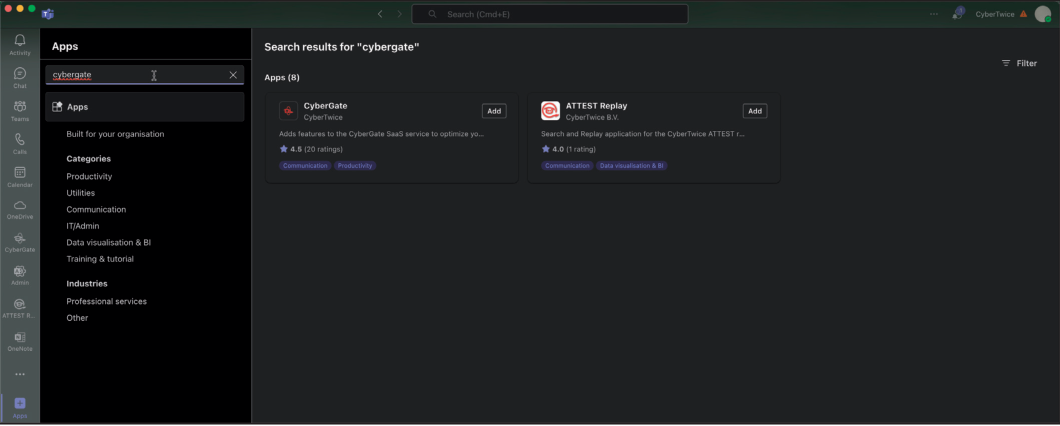 Microsoft Teams App Store - Search for CyberGate