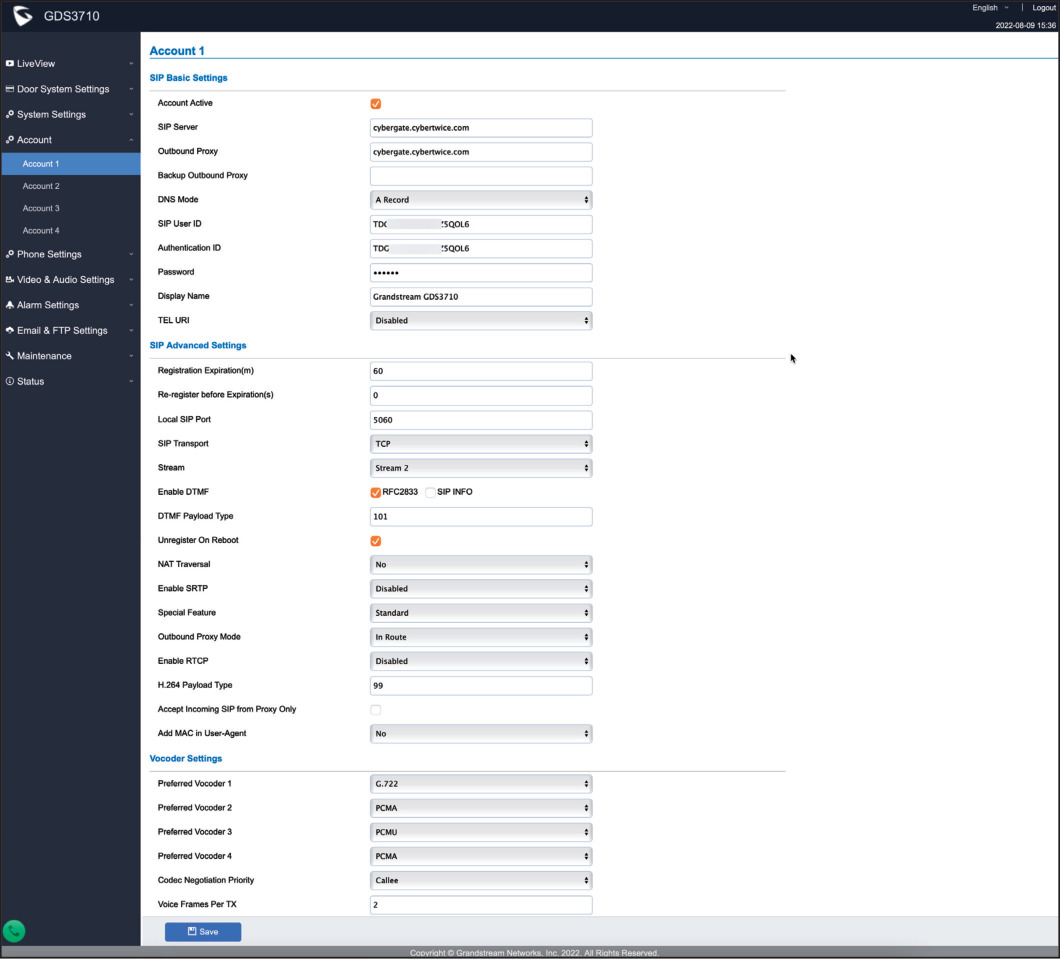 Grandstream Account Settings for TLS