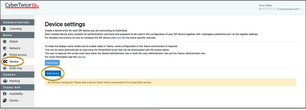 CyberGate Management Portal - Add device