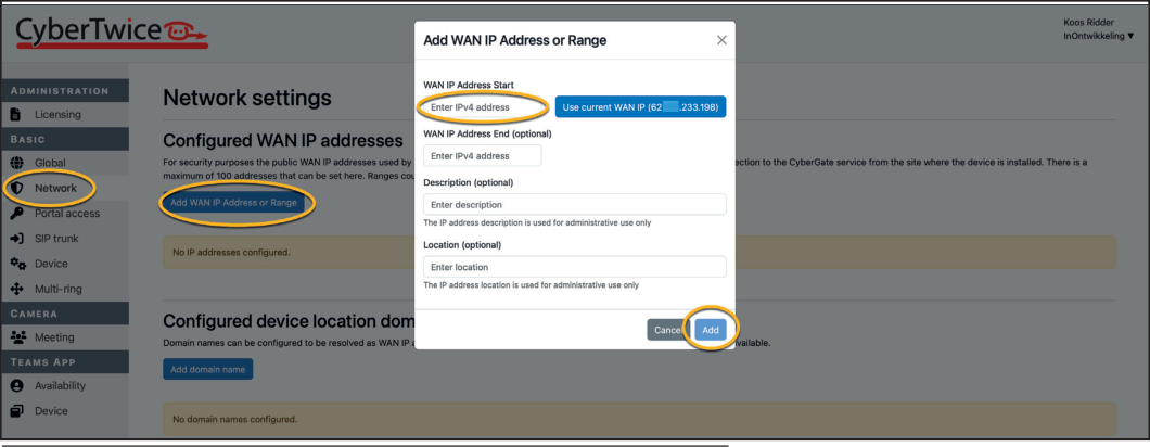 CyberGate Management Portal - Add IP address