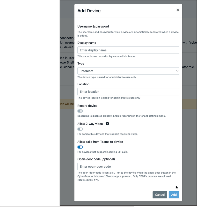 CyberGate Management Portal - Add device dialog