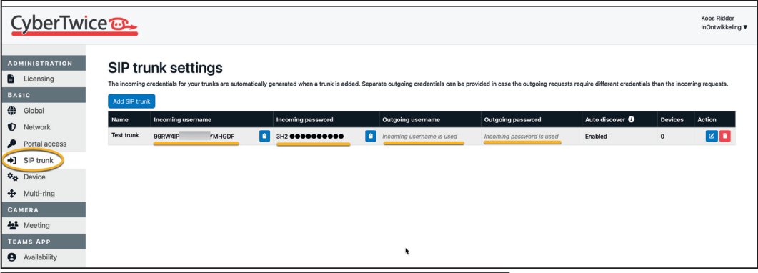 CyberGate Management Portal - SIP trunk configured