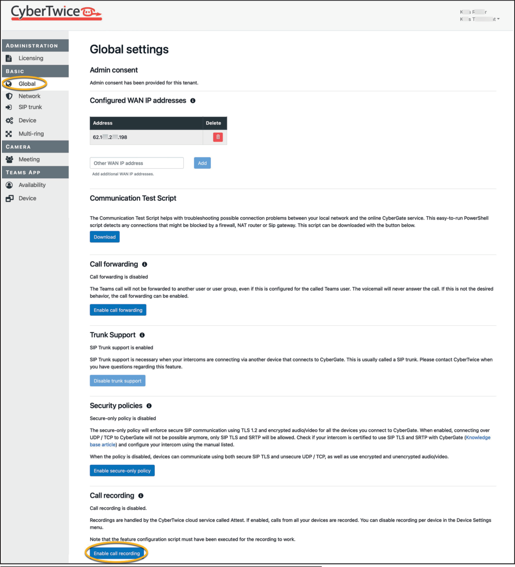 CyberGate Management Portal - Call recording disabled
