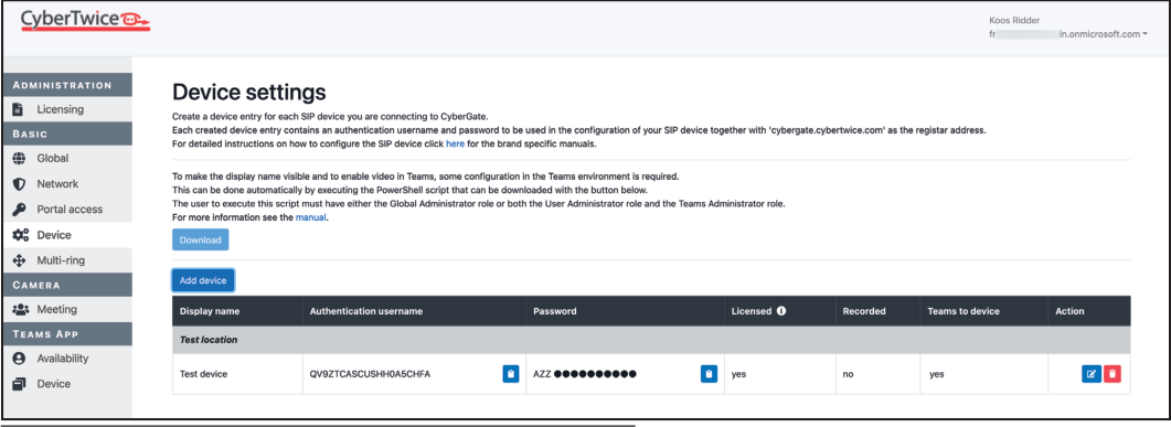 CyberGate Management Portal - Configured Device