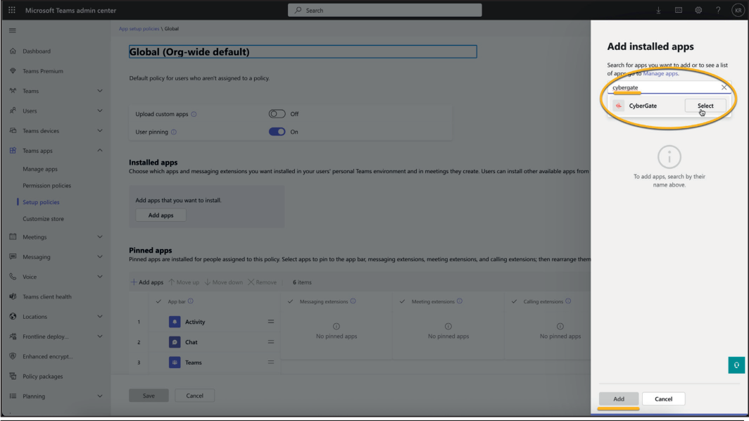 Teams Admin - Search and Select CyberGate
