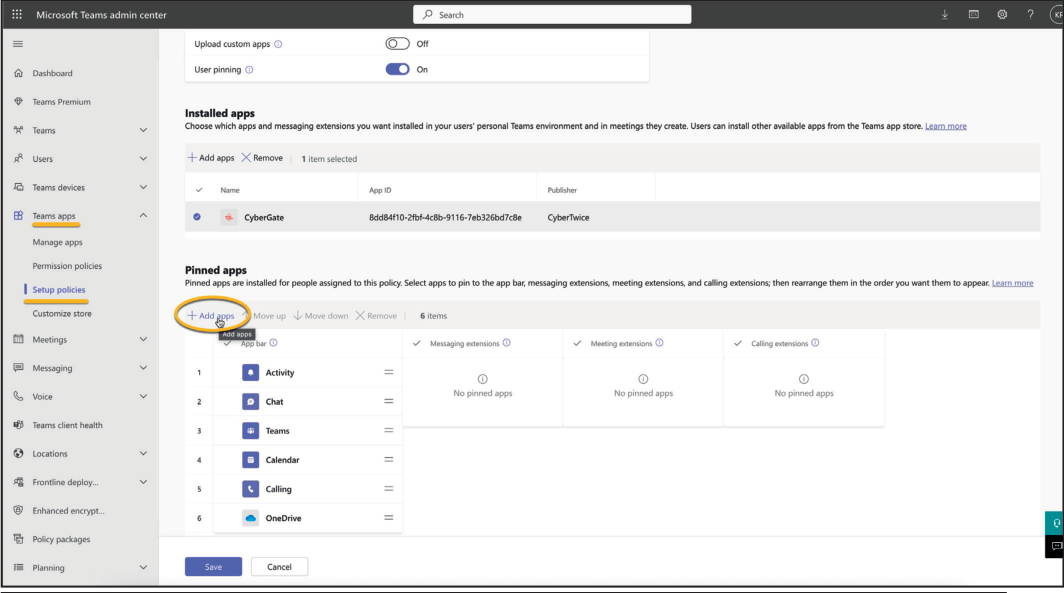 Teams Admin - Add to Pinned Apps