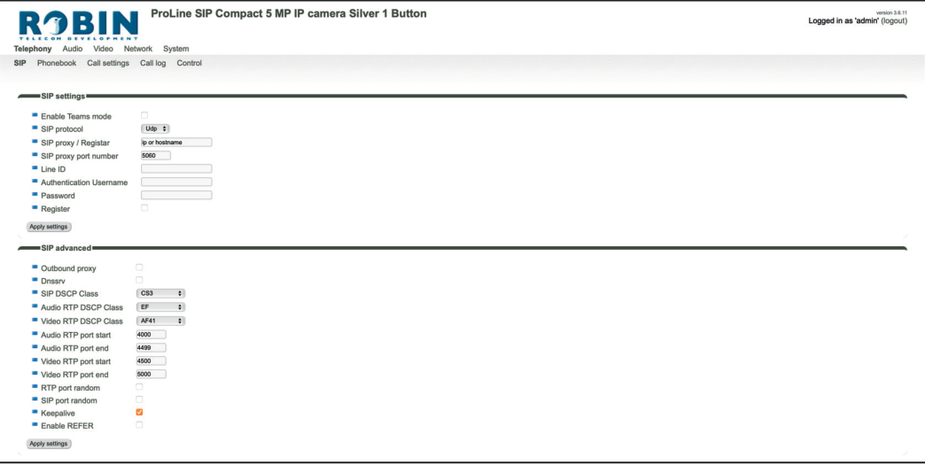 Robin Telephony-SIP Menu