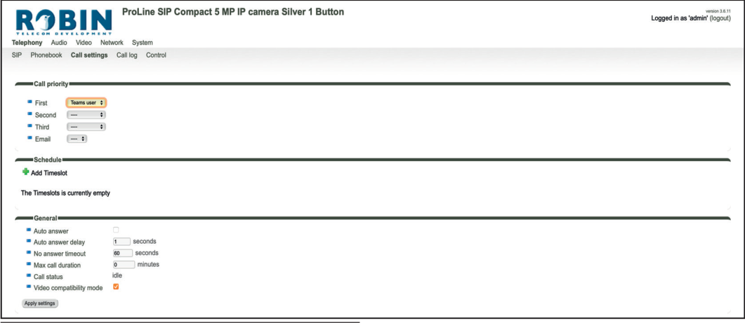 Robin Call Settings Configured