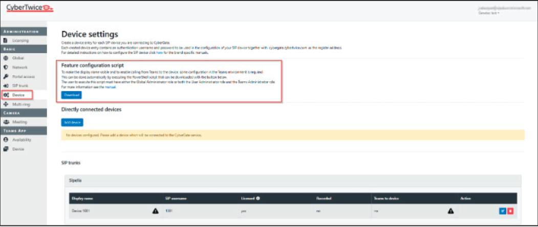CyberGate Management Portal - Devices Menu