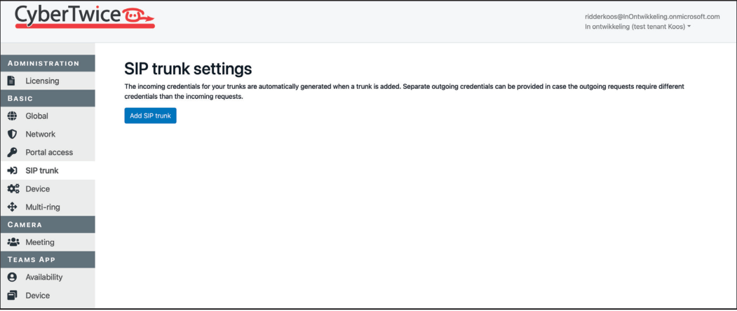 CyberGate Management Portal - SIP Trunk Menu