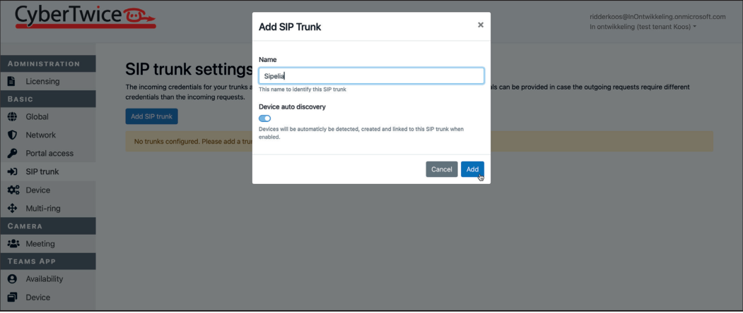 CyberGate Management Portal - Add SIP Trunk