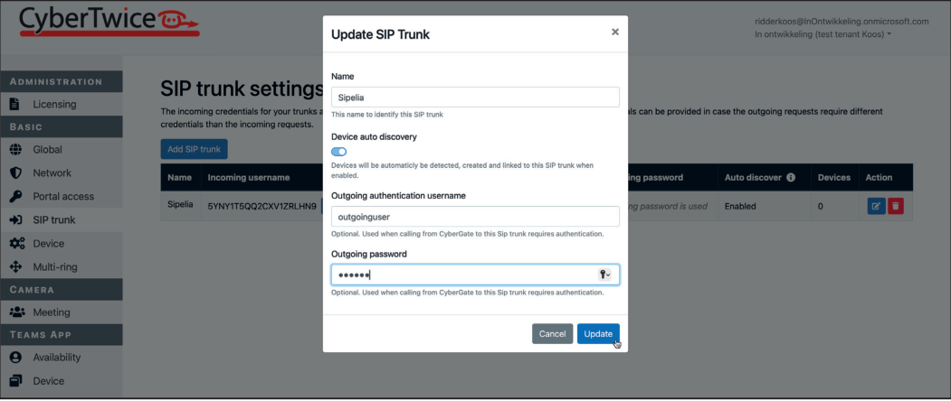 CyberGate Management Portal - Edit SIP Trunk
