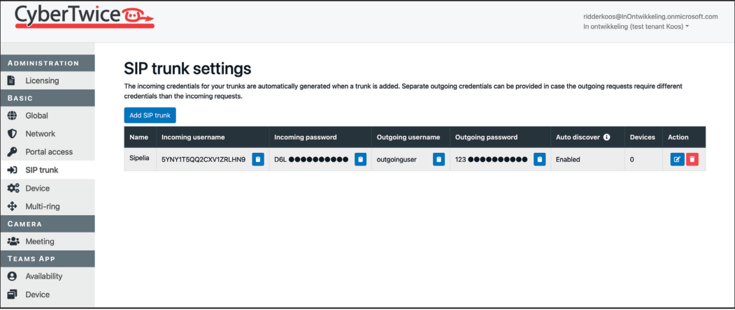 CyberGate Management Portal - SIP Trunk Added