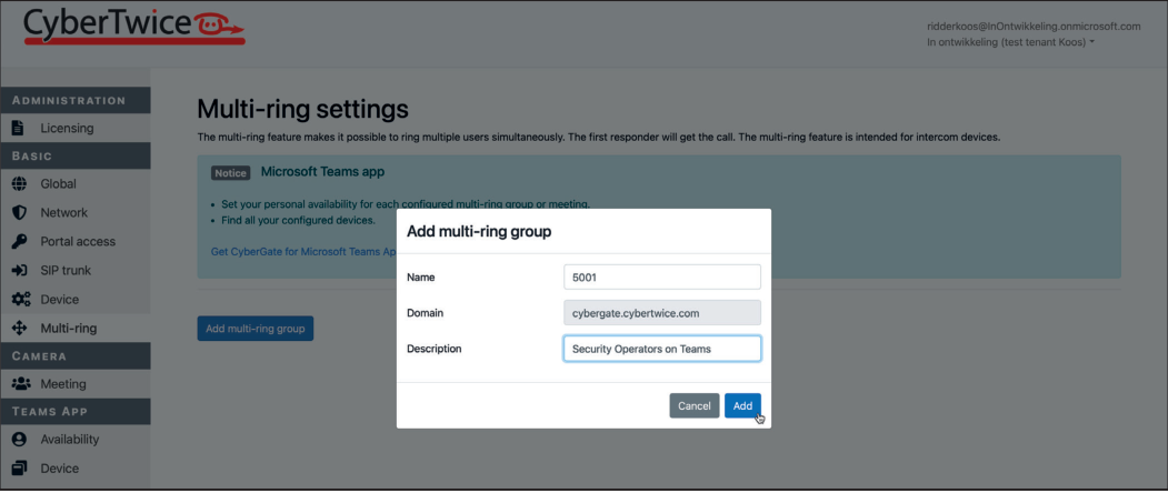 CyberGate Management Portal - Add Multi-ring Group