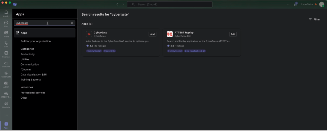 Microsoft Teams App Store - Search for CyberGate