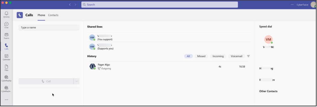 Teams Calls Menu - Search for CyberGate Devices