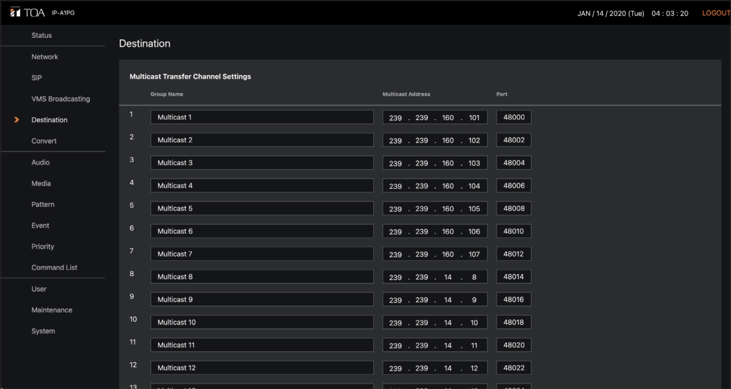 TOA Destination Menu