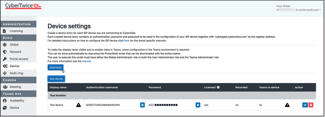CyberGate Admin Portal - Device Settings