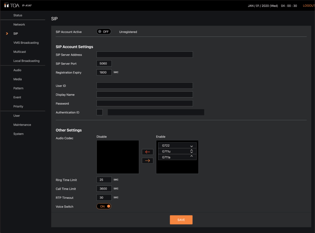 TOA SIP Configuration