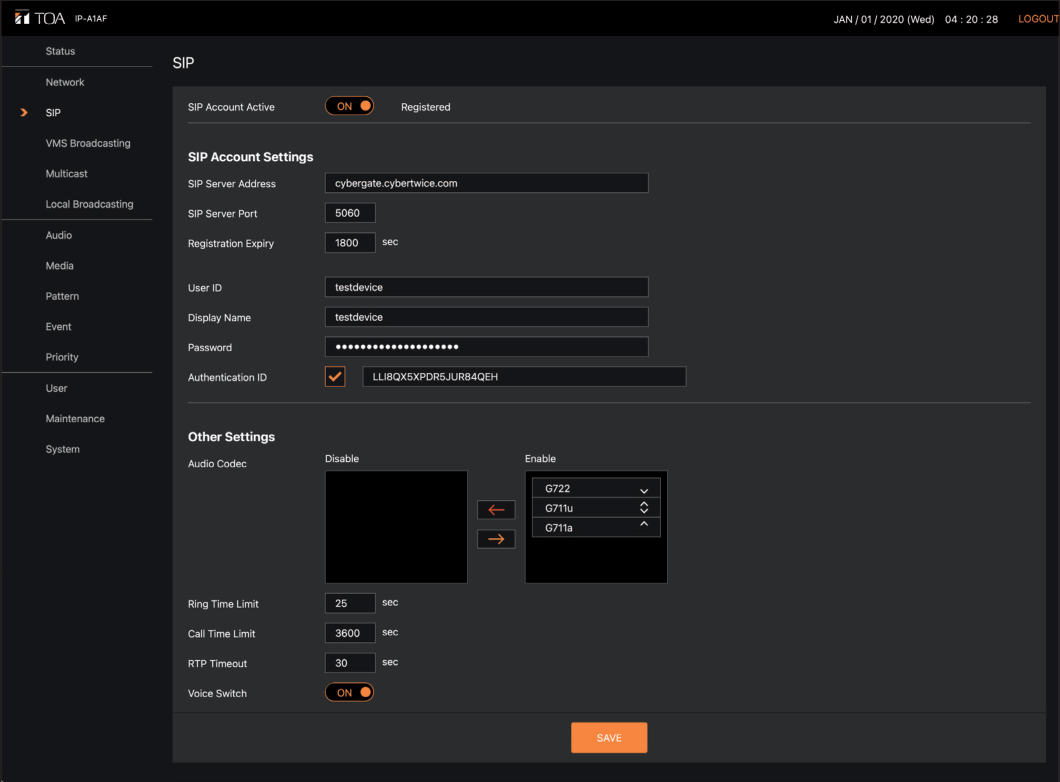 TOA SIP Registration Status