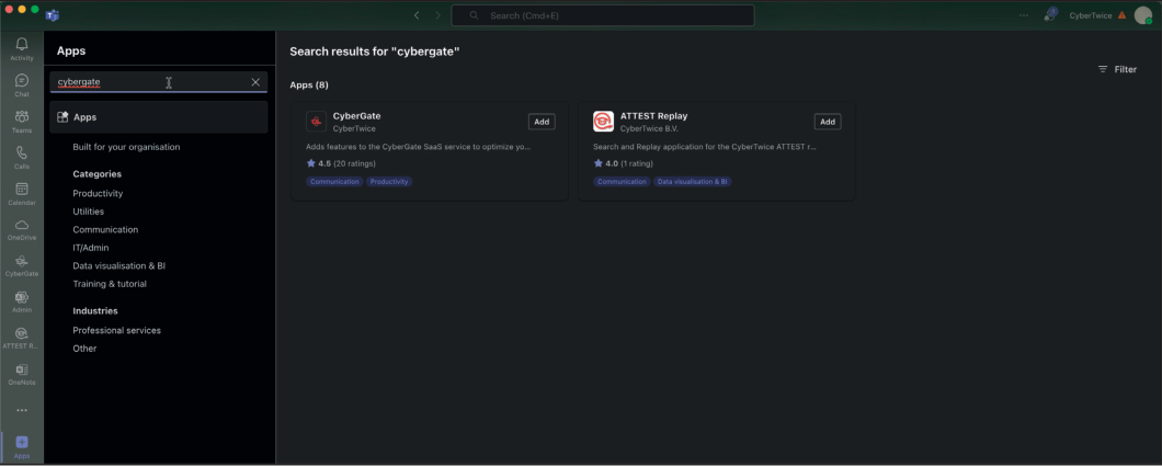 Microsoft Teams App Store - Search for CyberGate
