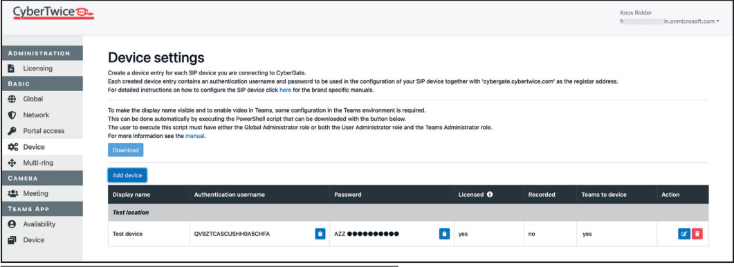CyberGate Management Portal - Configured Device