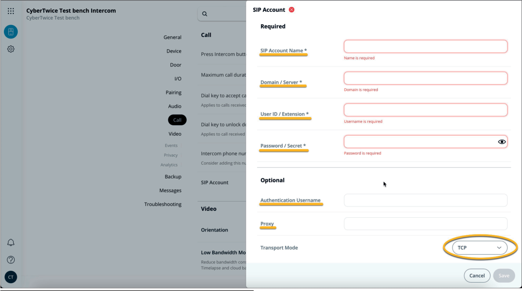 Verkada Add SIP Account Dialog