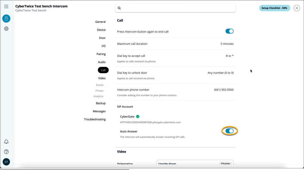 Verkada Auto Answer Setting