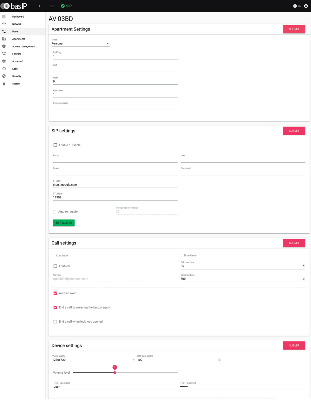 BAS-IP AV Series Panel Menu